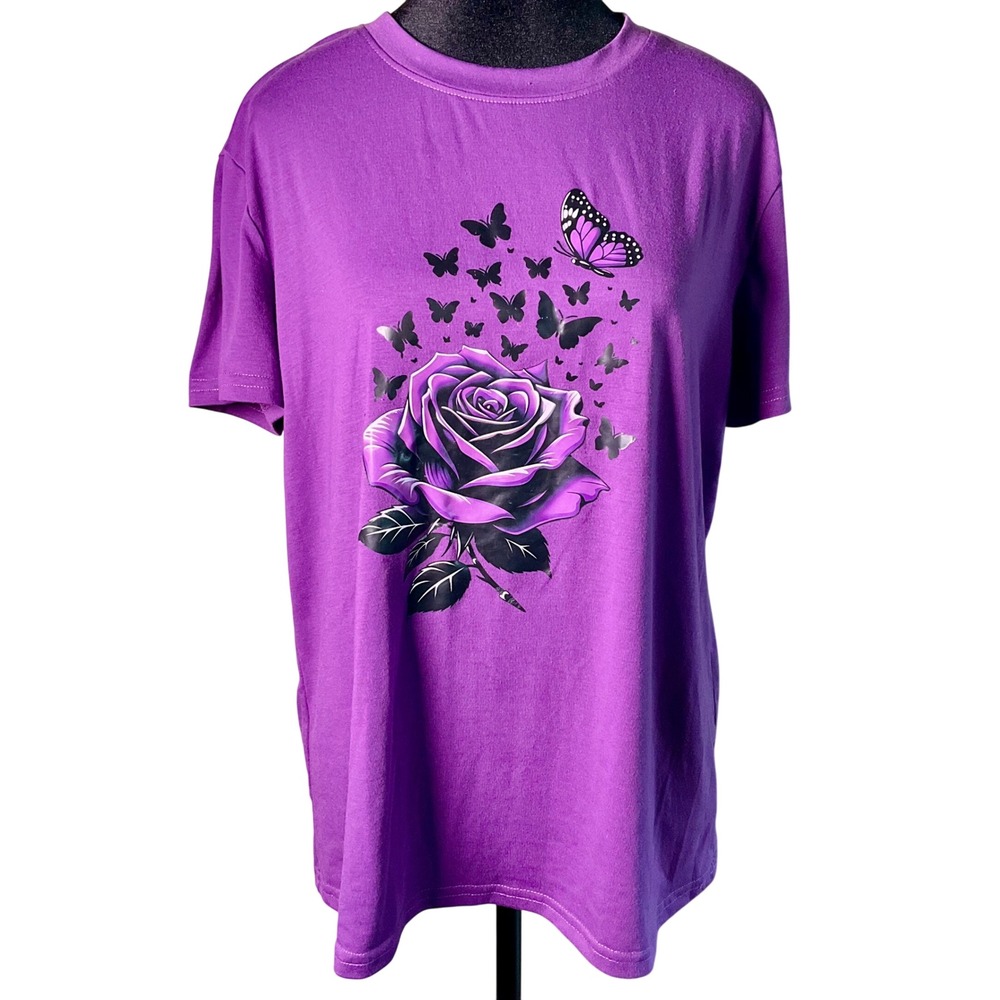 Purple Rose Butterfly Graphic Tee Shirt XL Short Slv Y2K Indie Fairycore Stretch